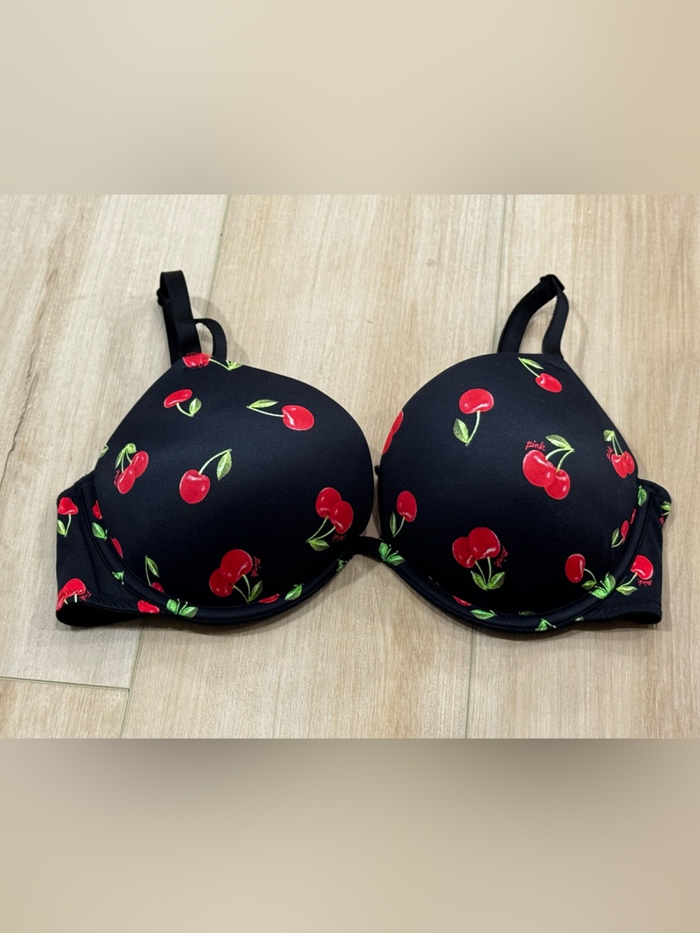 PINK Victoria’s Secret Cherry Push Up Bra 34D Black Red Print Cute Y2K